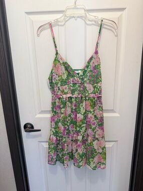 Lush Green & Pink Floral Wrap-Style Dress